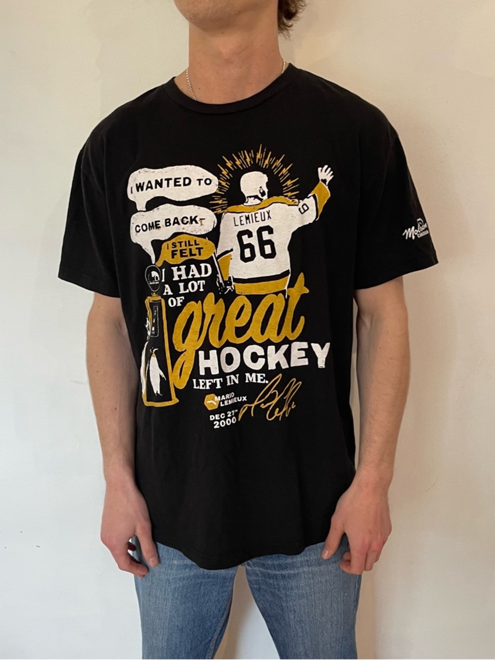 Black 'Great Hockey' Graphic Tee featuring Lemieux